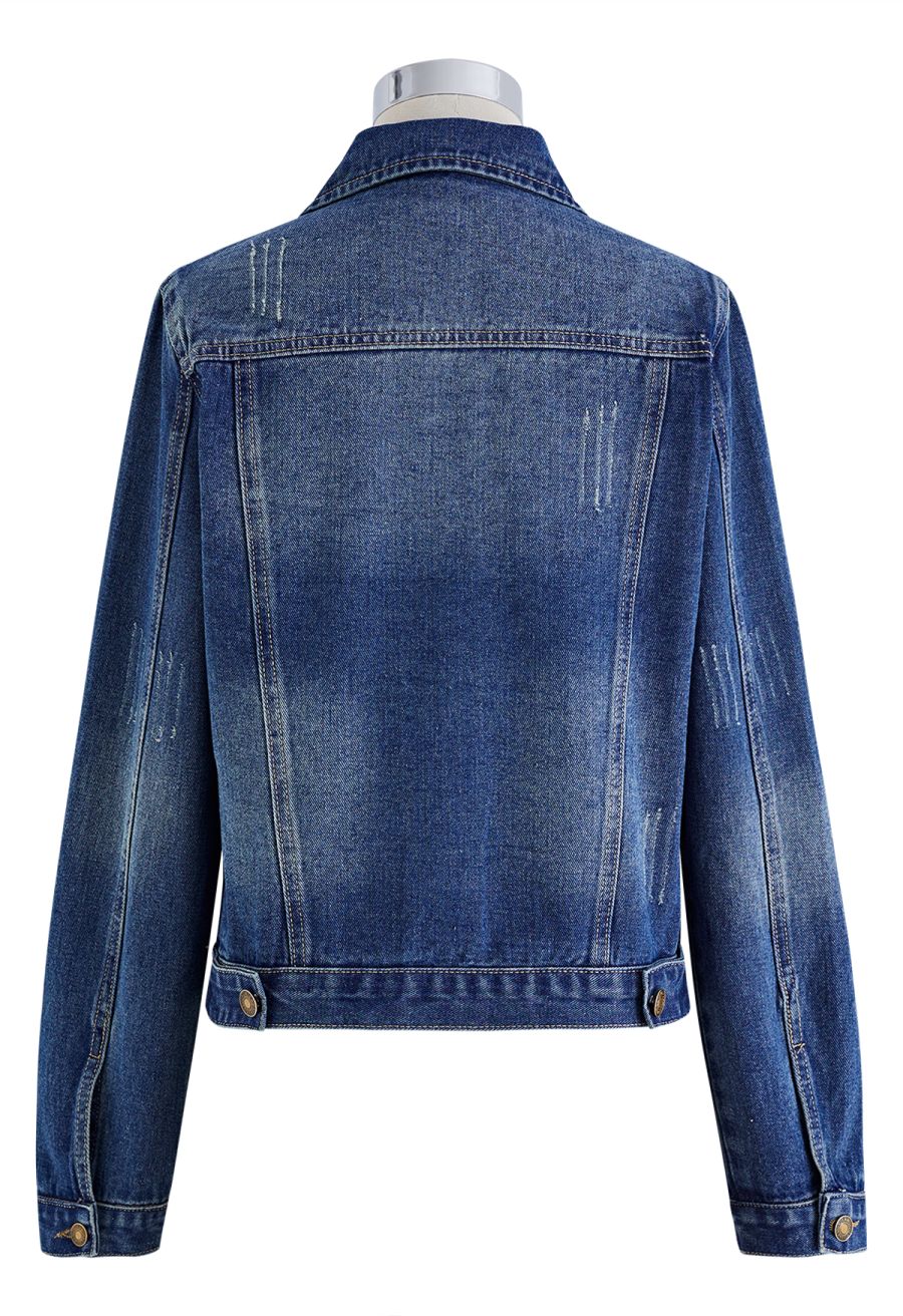 Bust Pocket Collared Denim Jacket in Dark Blue