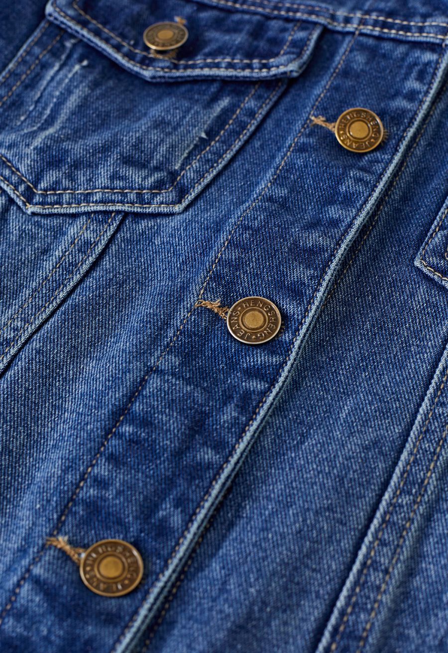 Bust Pocket Collared Denim Jacket in Dark Blue