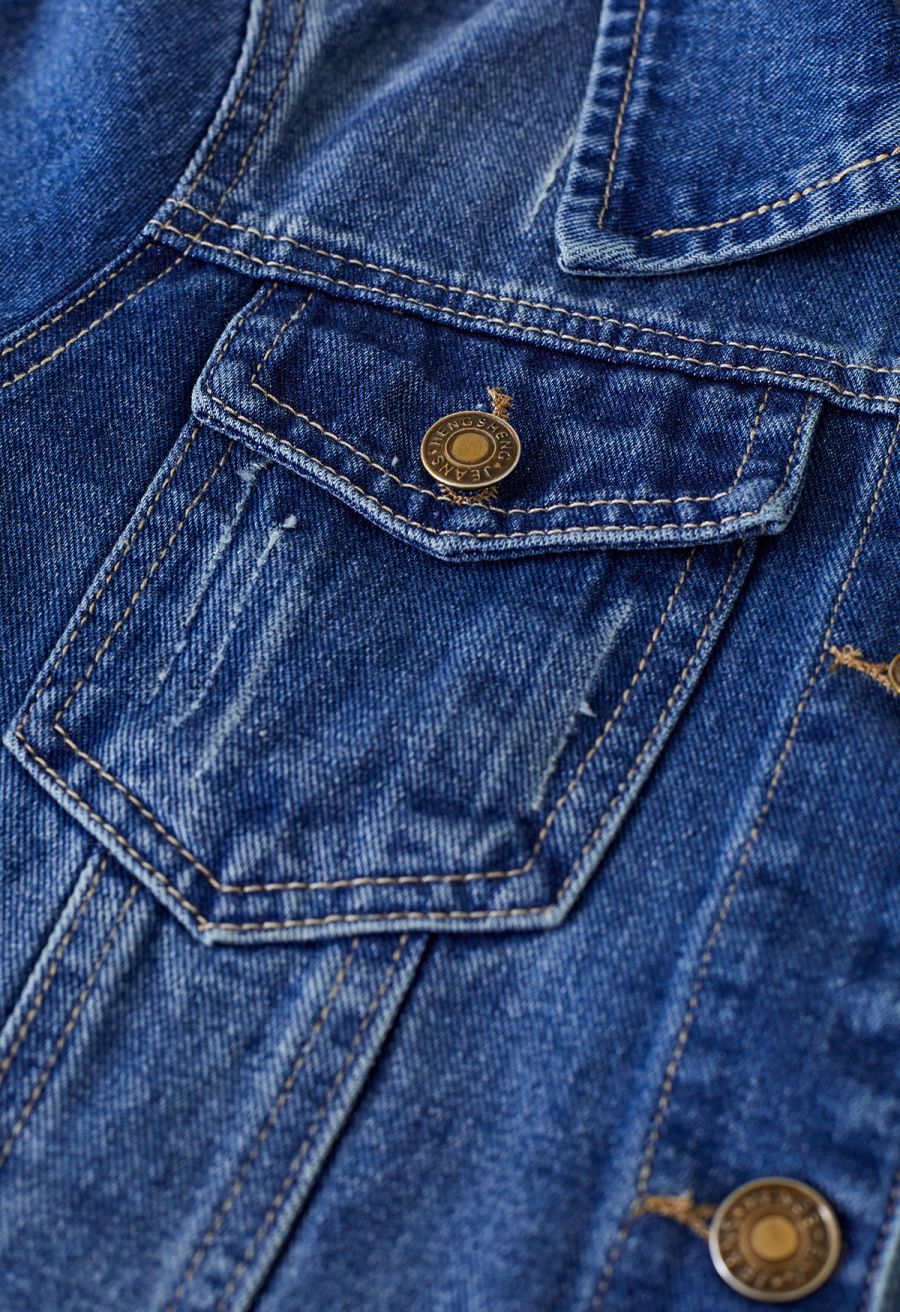 Bust Pocket Collared Denim Jacket in Dark Blue