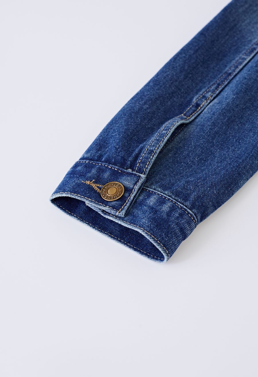 Bust Pocket Collared Denim Jacket in Dark Blue