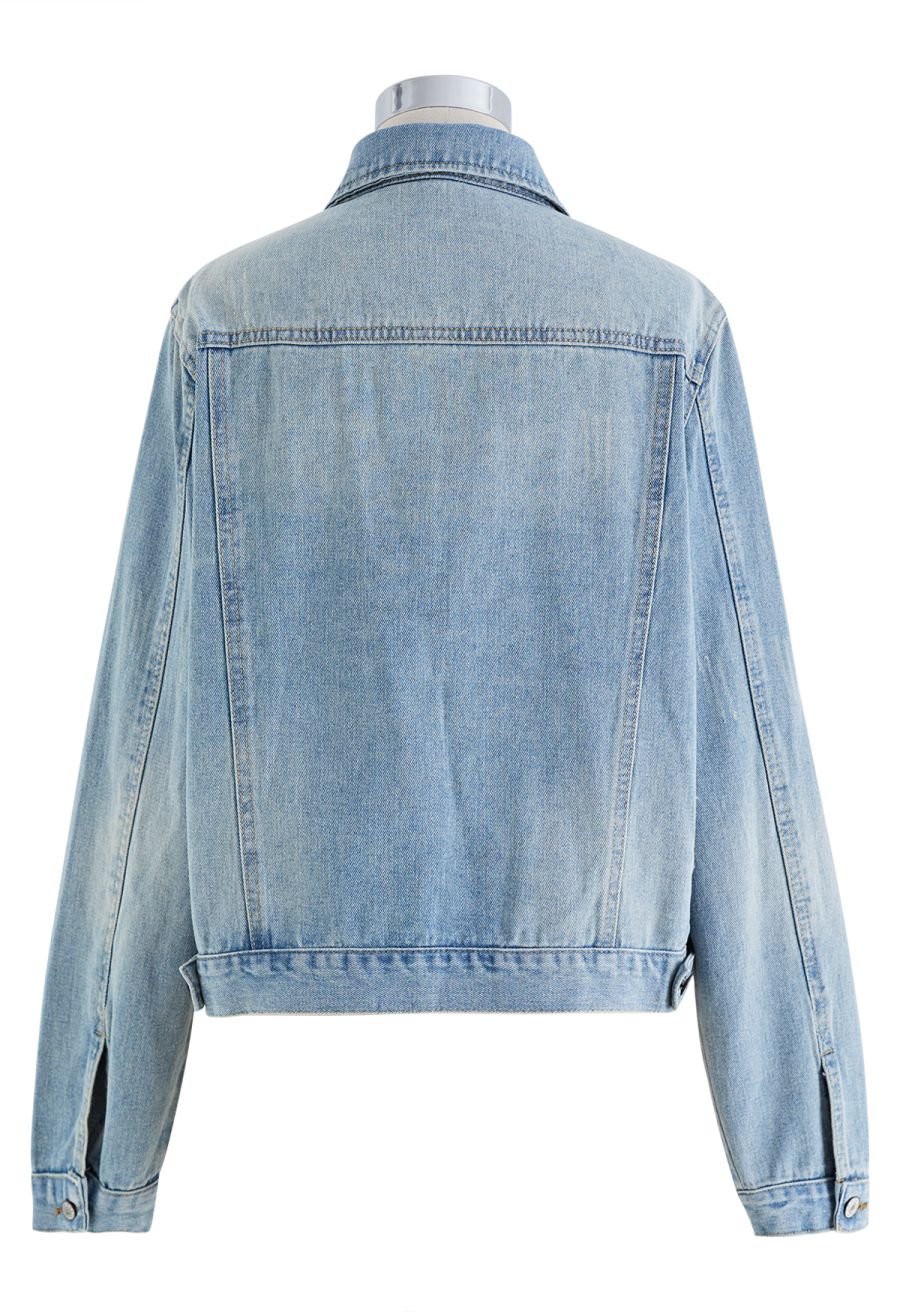 Bust Pocket Collared Denim Jacket in Light Blue