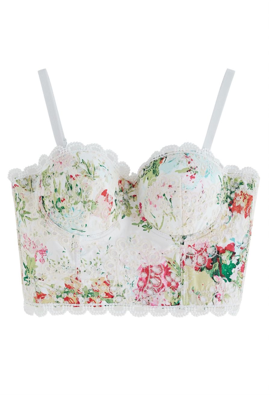 Monet Garden Floral Embroidered Bustier Crop Top