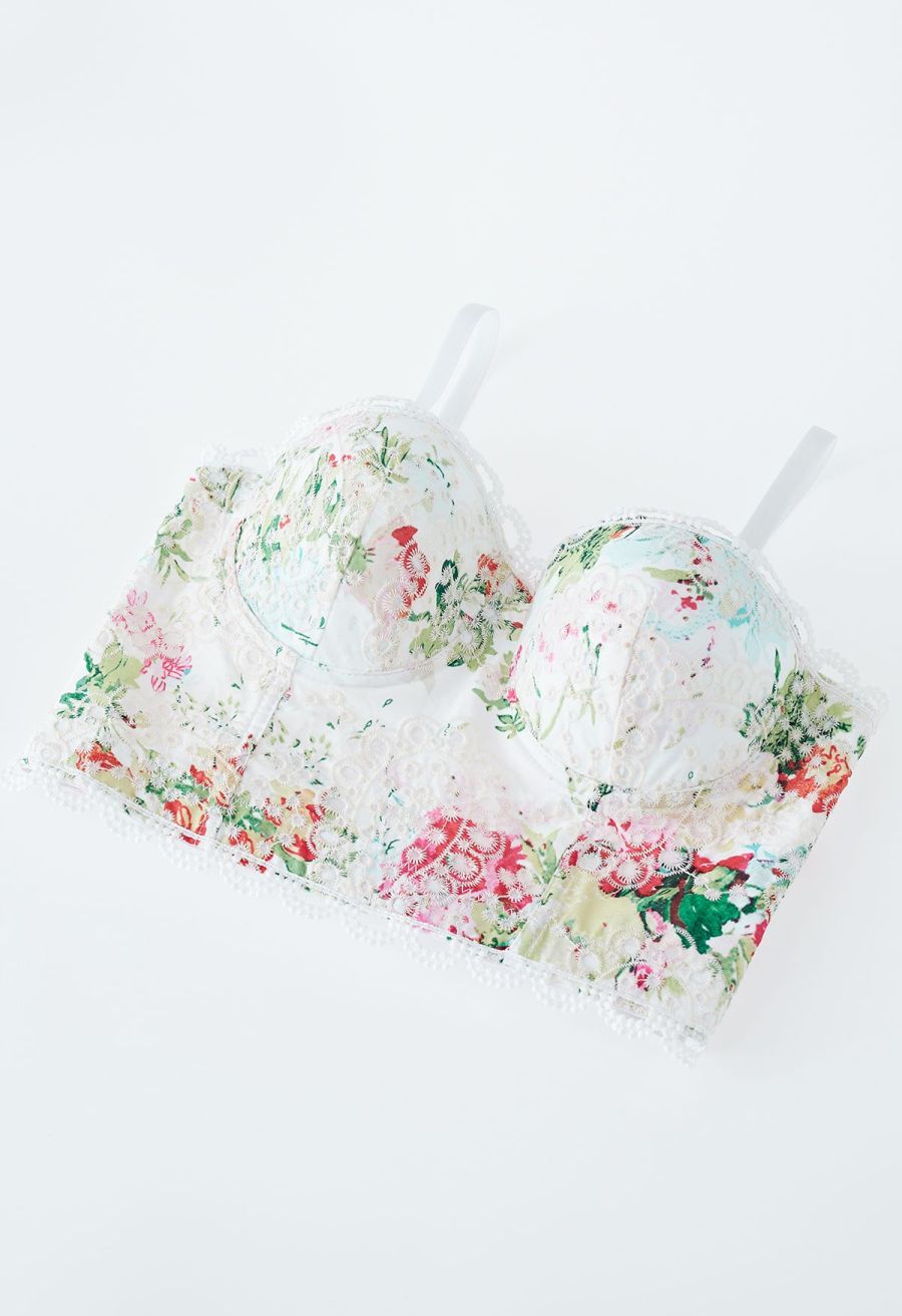 Monet Garden Floral Embroidered Bustier Crop Top