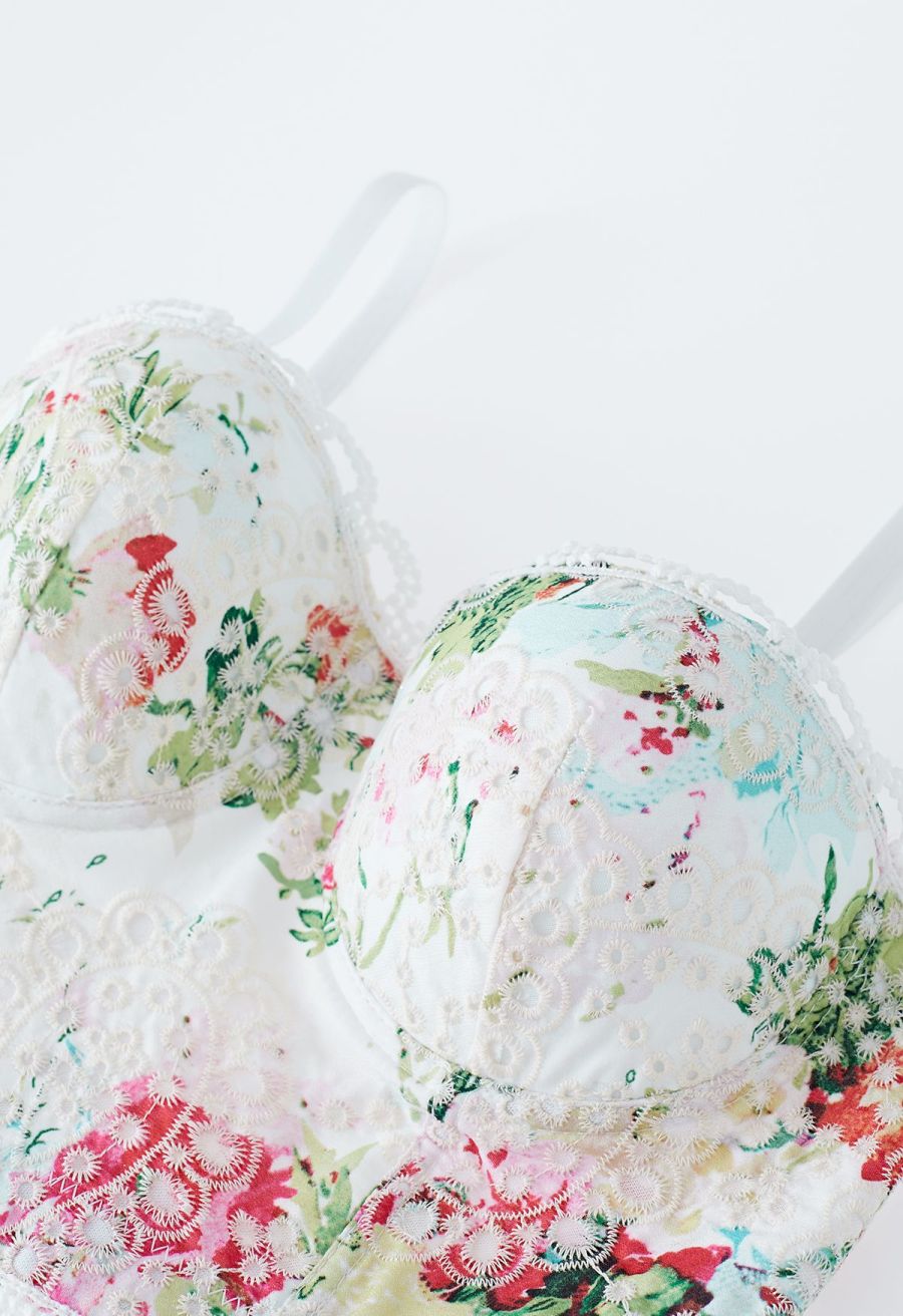 Monet Garden Floral Embroidered Bustier Crop Top
