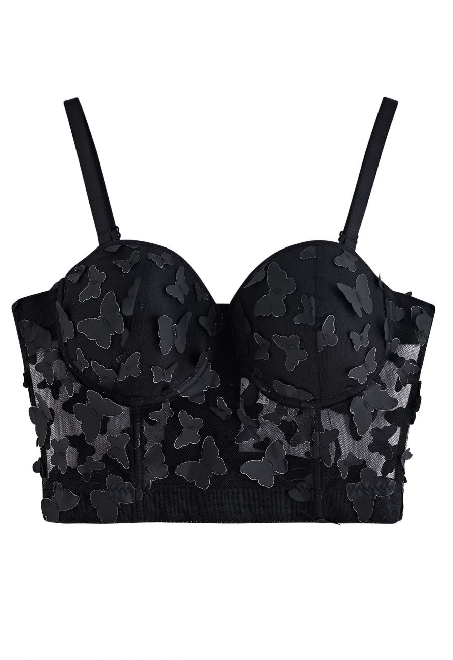 Butterfly Appliques Bustier Crop Top in Black