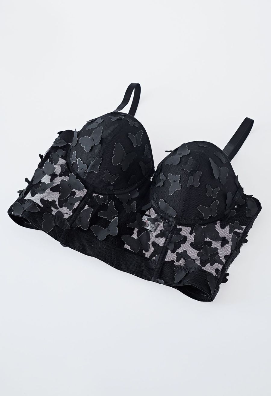 Butterfly Appliques Bustier Crop Top in Black