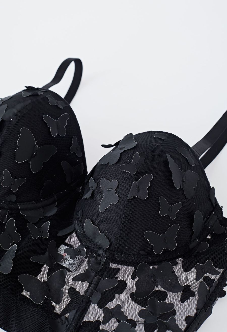 Butterfly Appliques Bustier Crop Top in Black