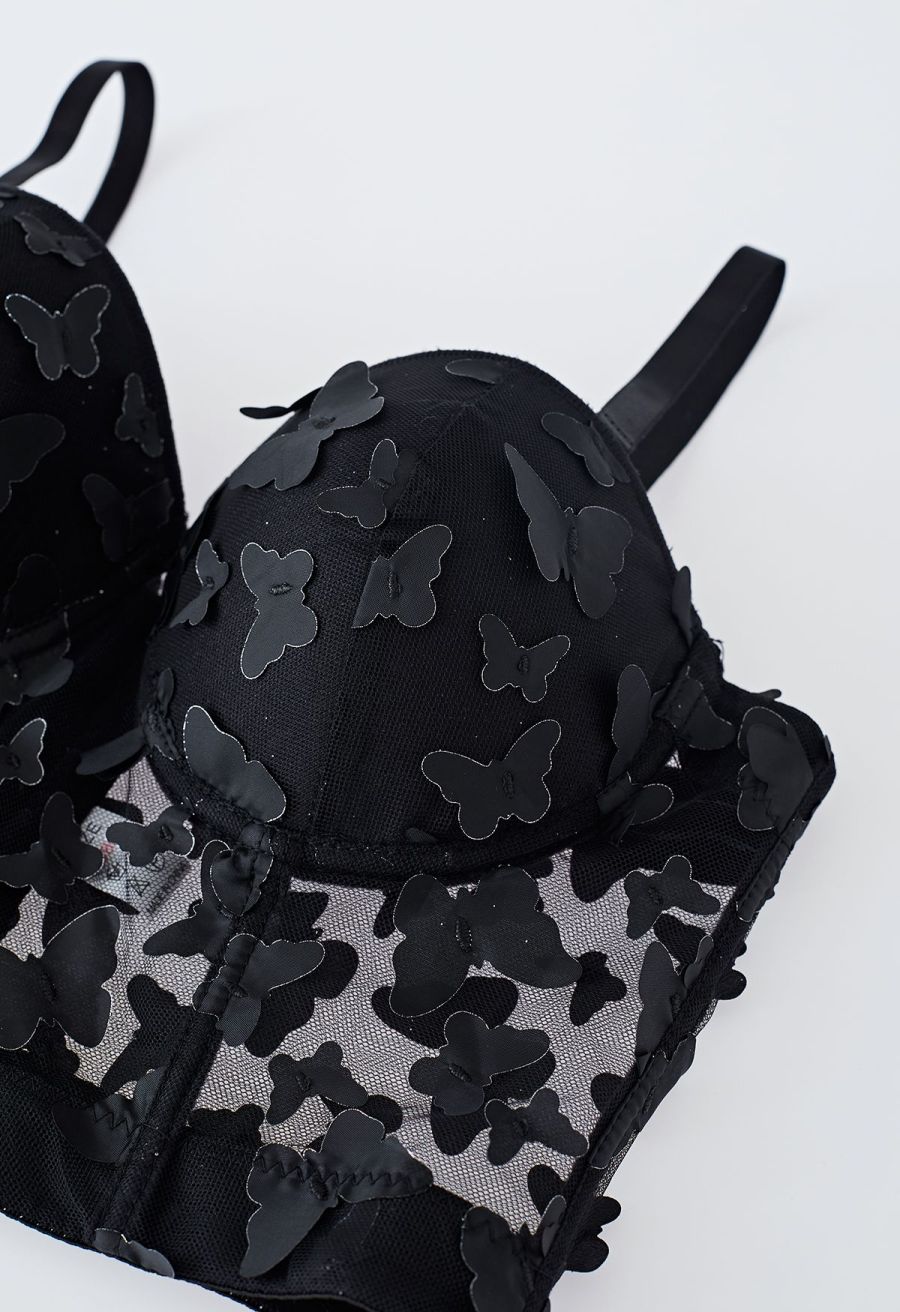 Butterfly Appliques Bustier Crop Top in Black