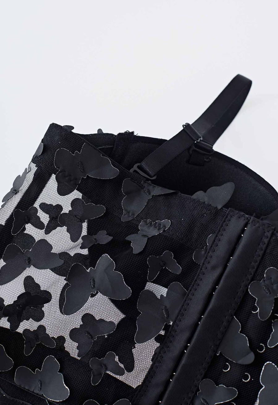 Butterfly Appliques Bustier Crop Top in Black