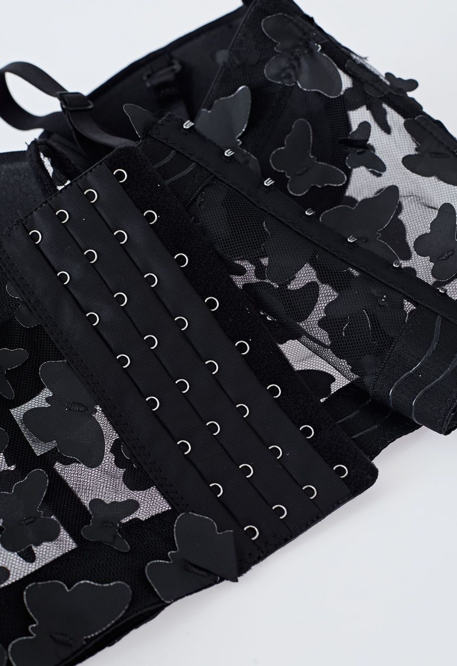 Butterfly Appliques Bustier Crop Top in Black