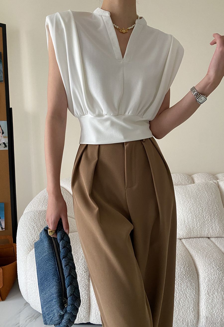 Padded Shoulder V-Neck Sleeveless Top in White