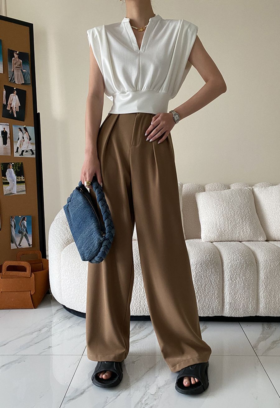 Padded Shoulder V-Neck Sleeveless Top in White