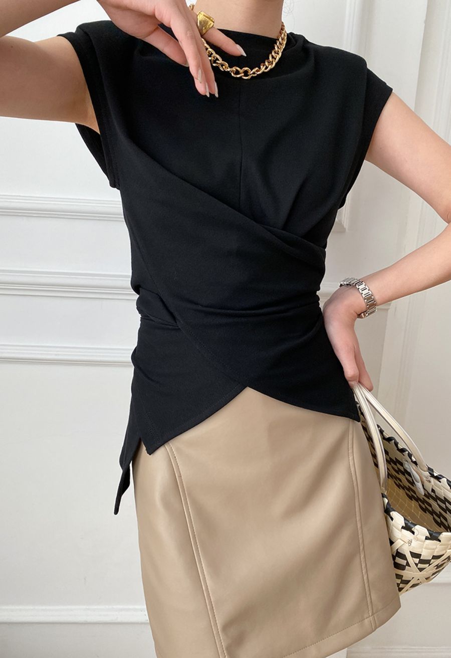 Crisscross Waist Sleeveless Cotton Top in Black