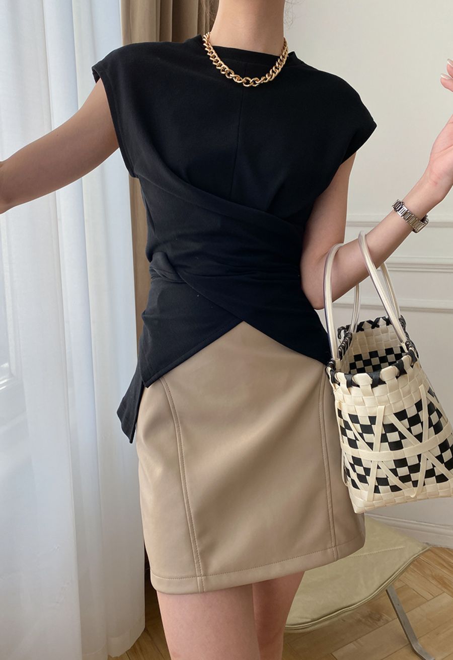 Crisscross Waist Sleeveless Cotton Top in Black