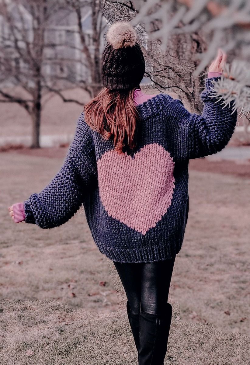 Key to My Heart Hand Knit Chunky Cardigan in Navy