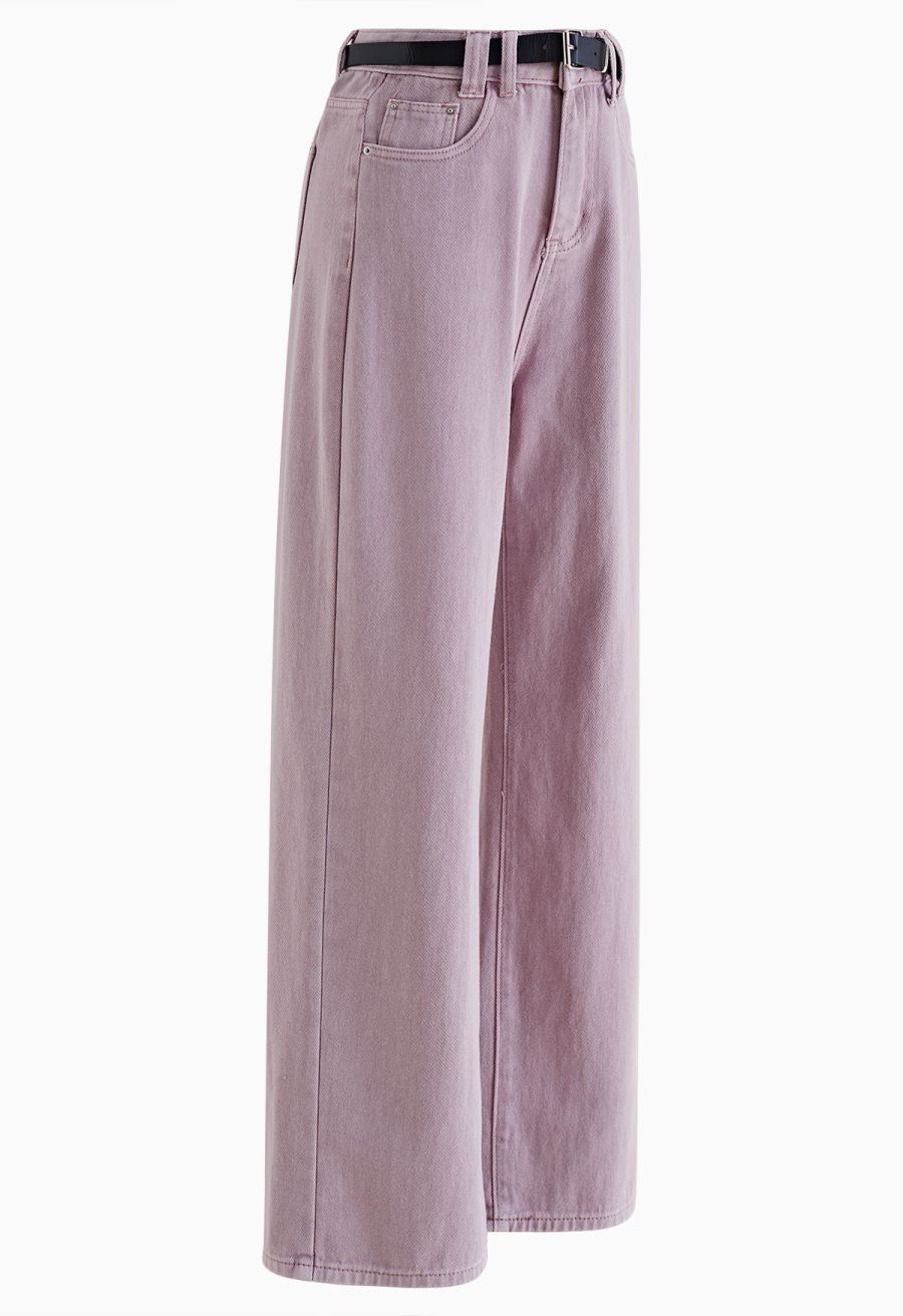 Distressed Straight-Leg Belted Jeans in Lilac