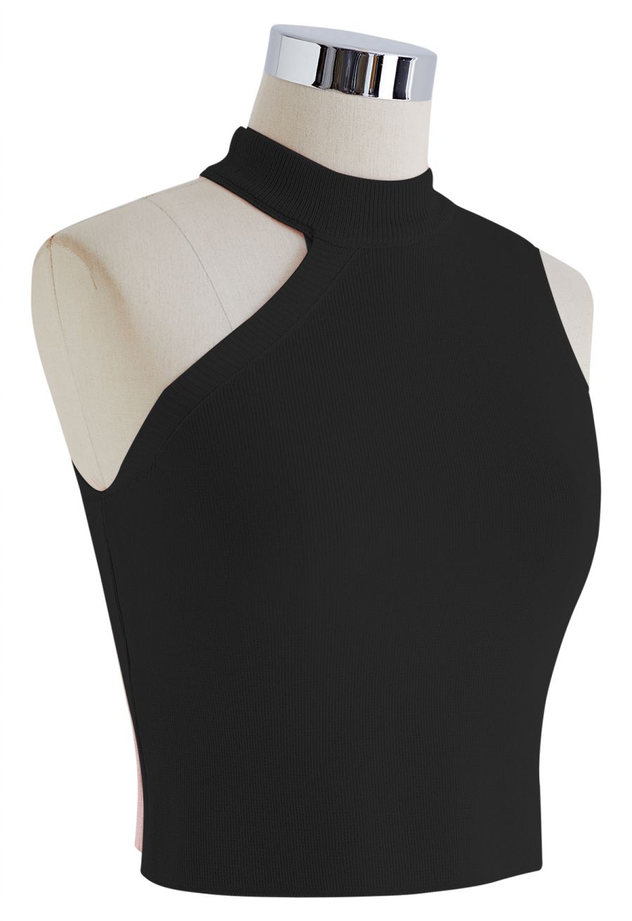 Asymmetric Halter Neck Knit Crop Top in Black