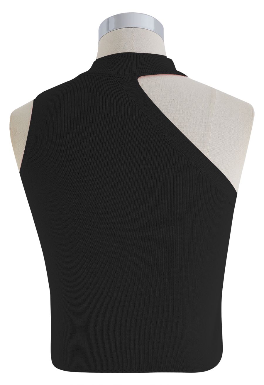 Asymmetric Halter Neck Knit Crop Top in Black