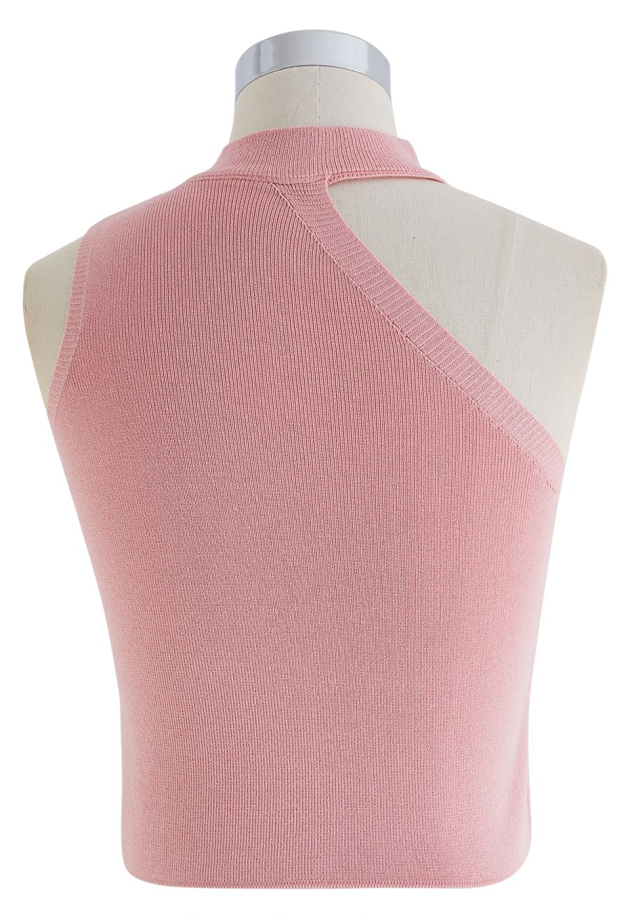 Asymmetric Halter Neck Knit Crop Top in Pink