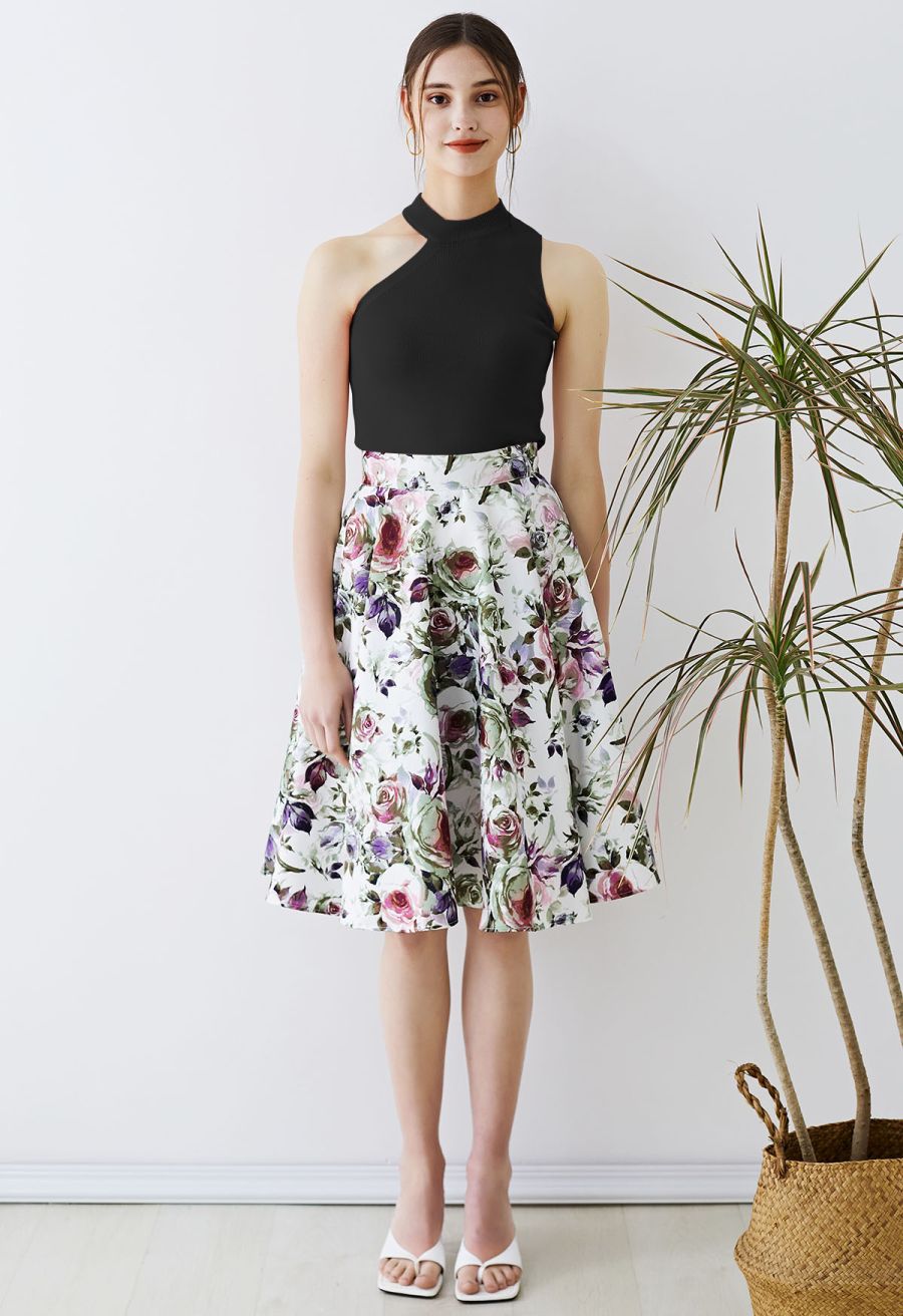 Asymmetric Halter Neck Knit Crop Top in Black