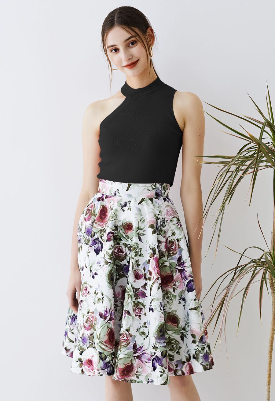 Asymmetric Halter Neck Knit Crop Top in Black