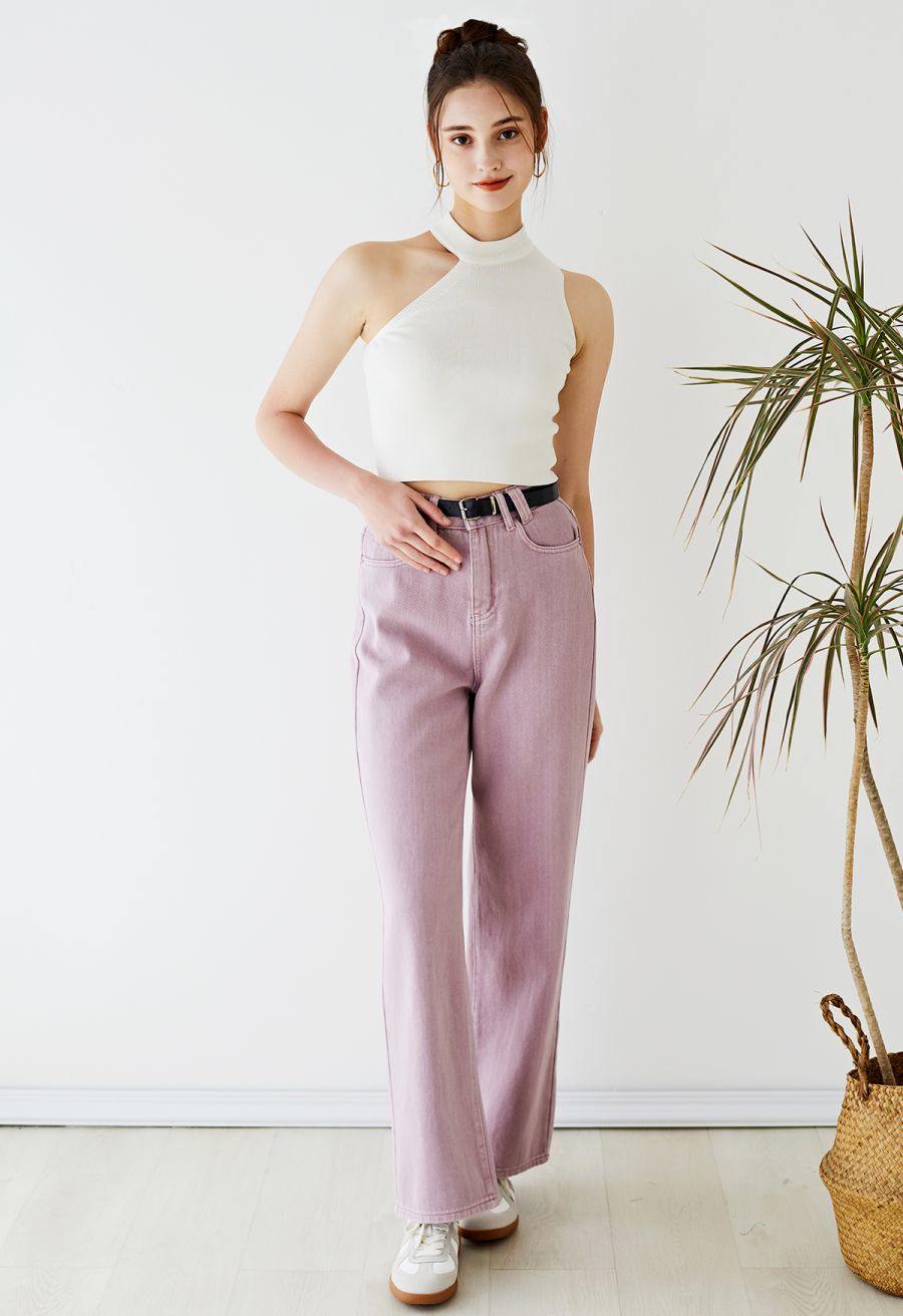 Asymmetric Halter Neck Knit Crop Top in White