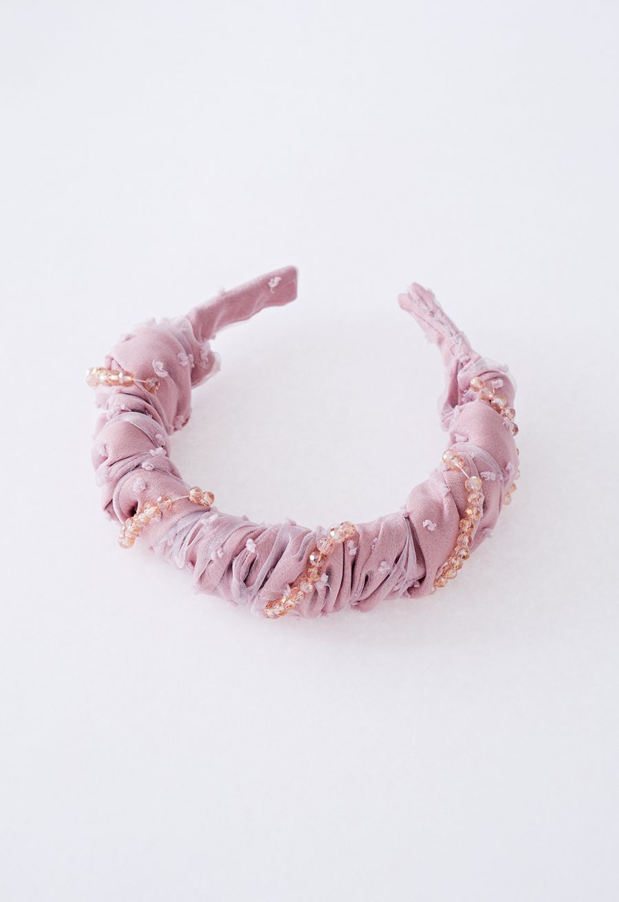Ruched Organza Beaded Decor Headband in Pink