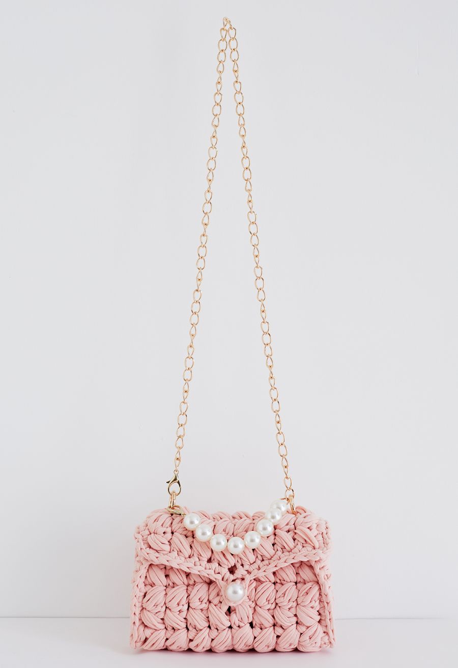 Pearl Chain Braided Chunky Knit Mini Bag in Pink
