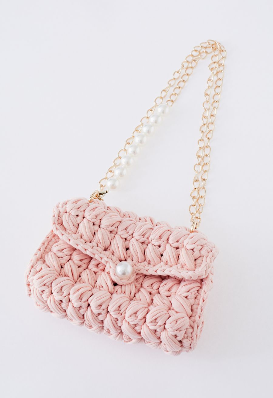 Pearl Chain Braided Chunky Knit Mini Bag in Pink