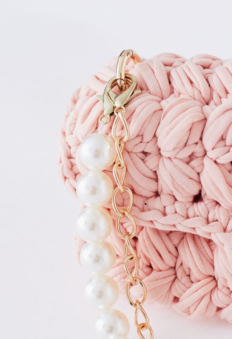 Pearl Chain Braided Chunky Knit Mini Bag in Pink