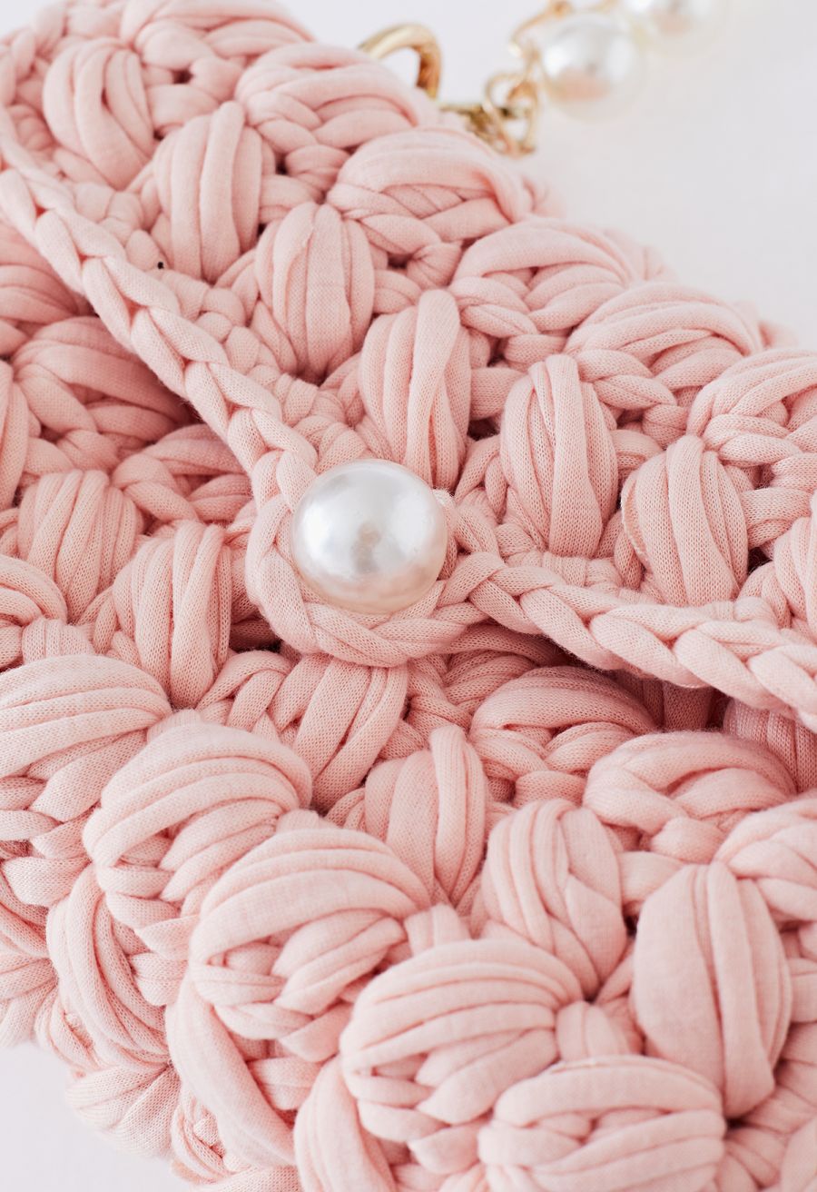 Pearl Chain Braided Chunky Knit Mini Bag in Pink