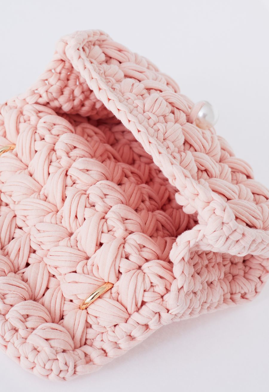 Pearl Chain Braided Chunky Knit Mini Bag in Pink
