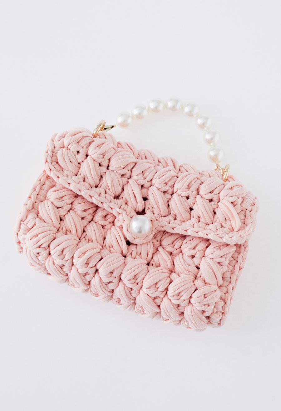 Pearl Chain Braided Chunky Knit Mini Bag in Pink