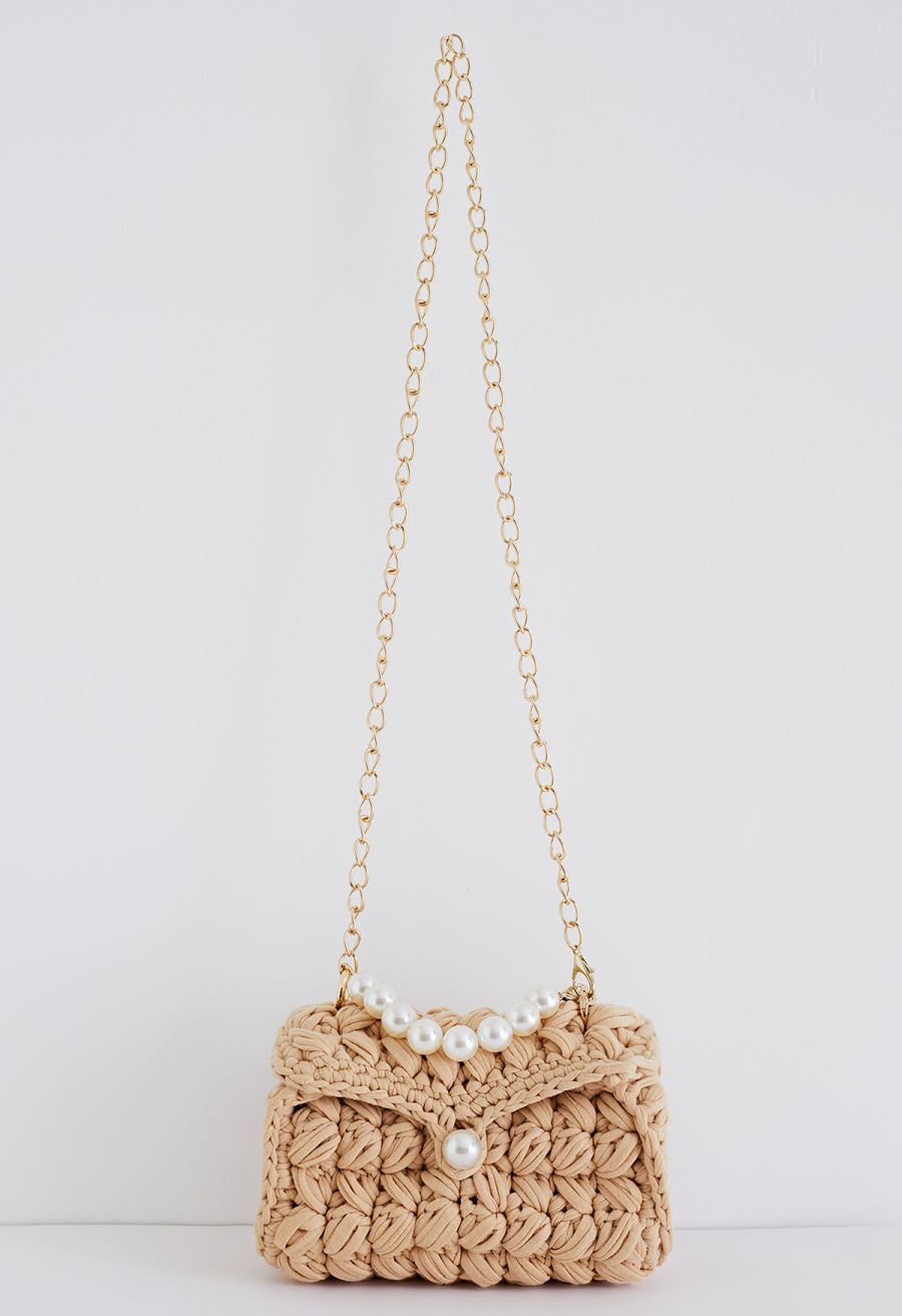 Pearl Chain Braided Chunky Knit Mini Bag in Tan
