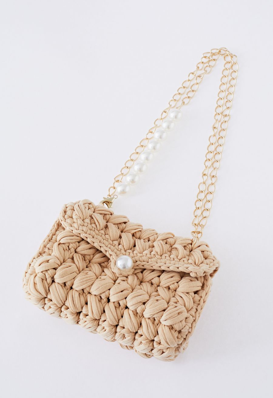 Pearl Chain Braided Chunky Knit Mini Bag in Tan