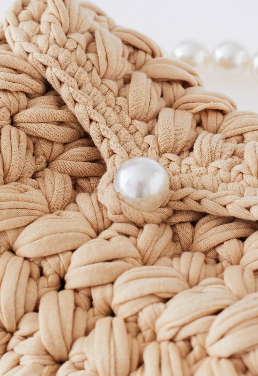 Pearl Chain Braided Chunky Knit Mini Bag in Tan