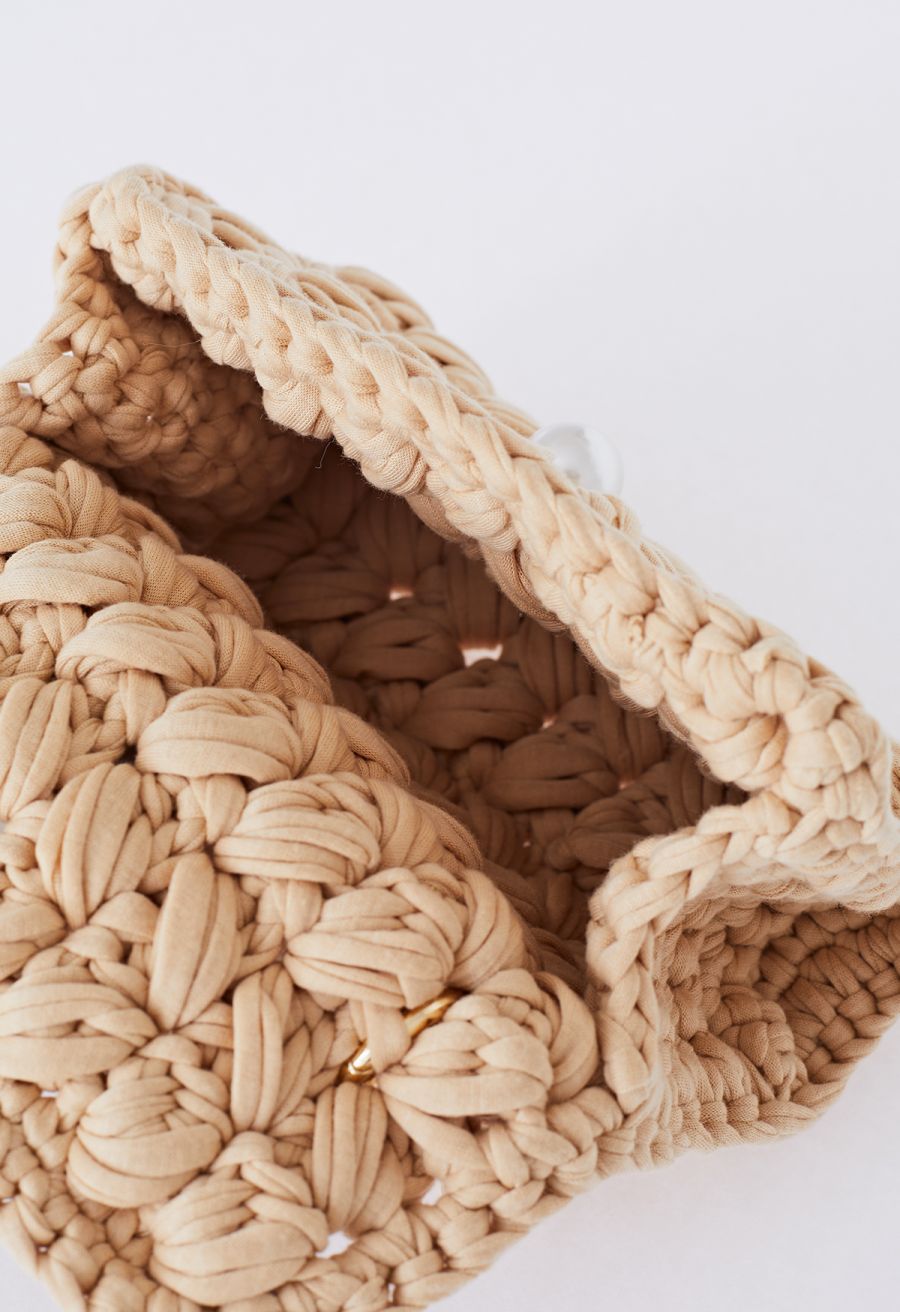 Pearl Chain Braided Chunky Knit Mini Bag in Tan