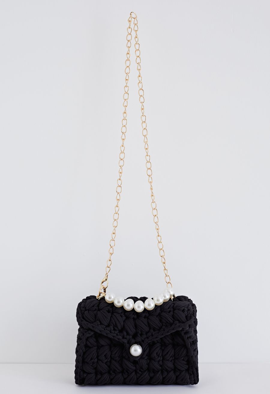 Pearl Chain Braided Chunky Knit Mini Bag in Black