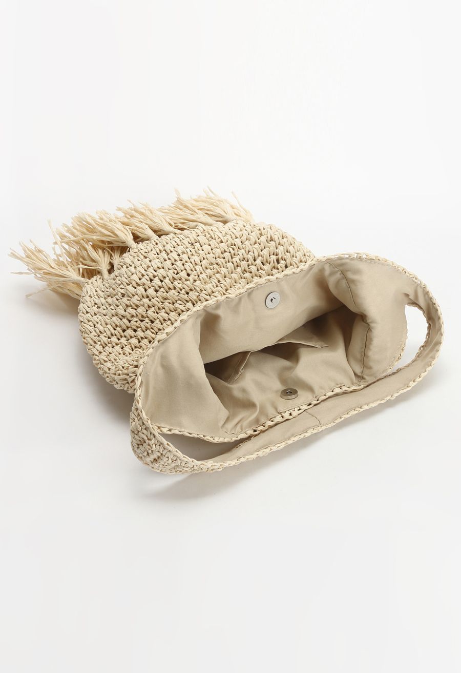 Tassel Hem Woven Straw Shoulder Bag