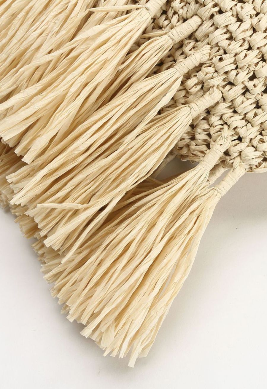 Tassel Hem Woven Straw Shoulder Bag