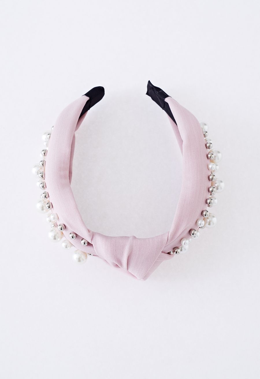 Pearl Decor Beaded Cloth Headband in Pink