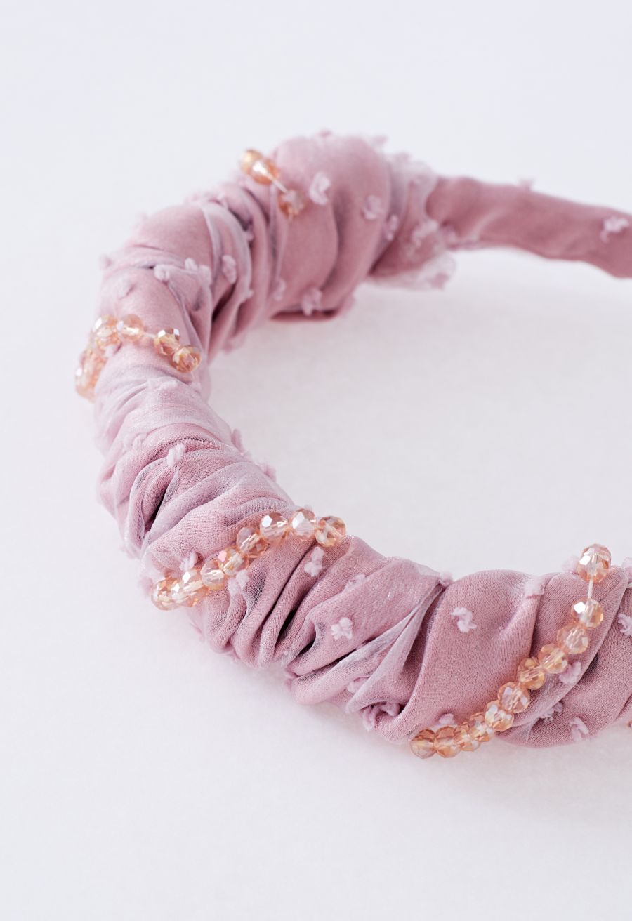 Ruched Organza Beaded Decor Headband in Pink