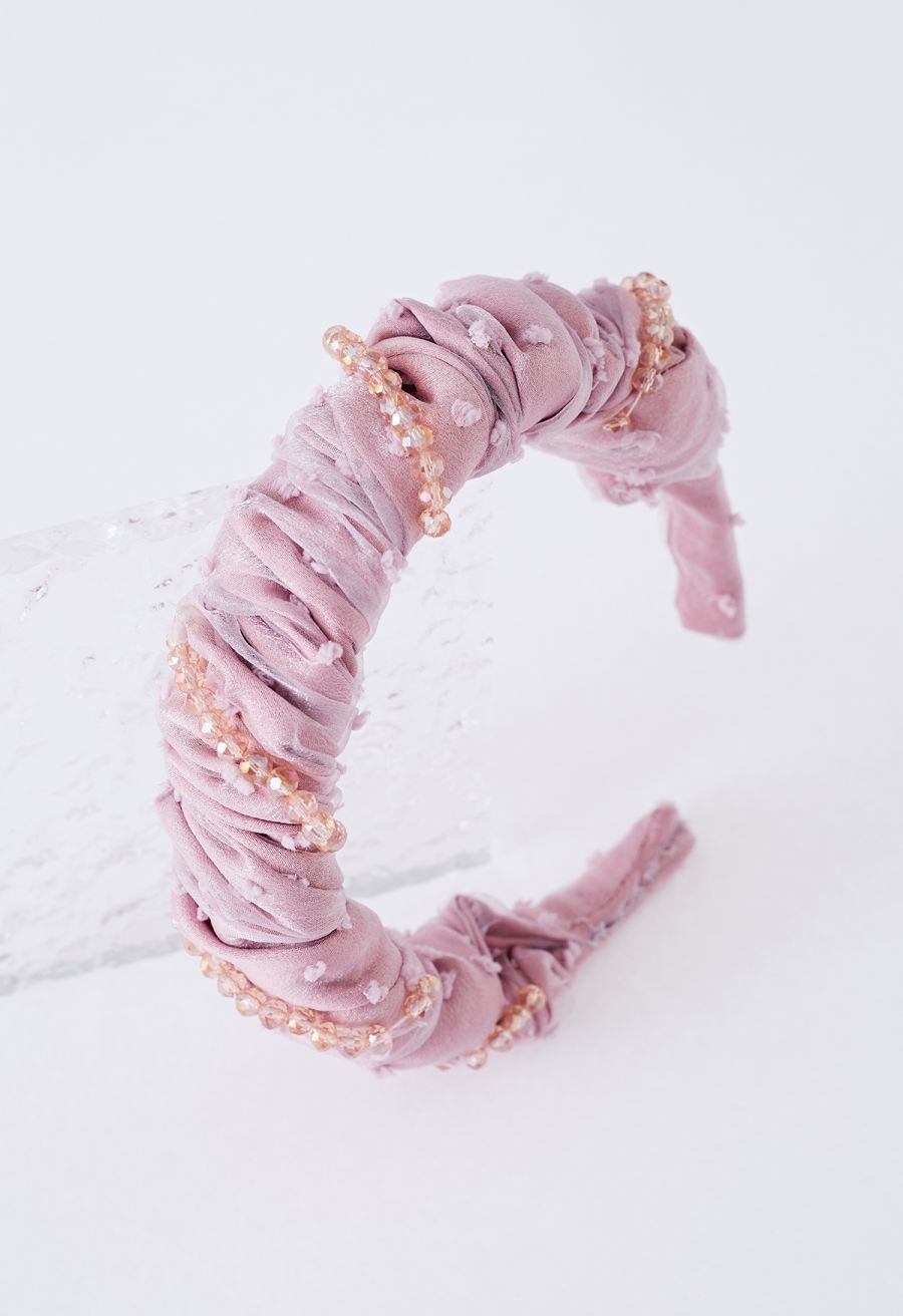 Ruched Organza Beaded Decor Headband in Pink