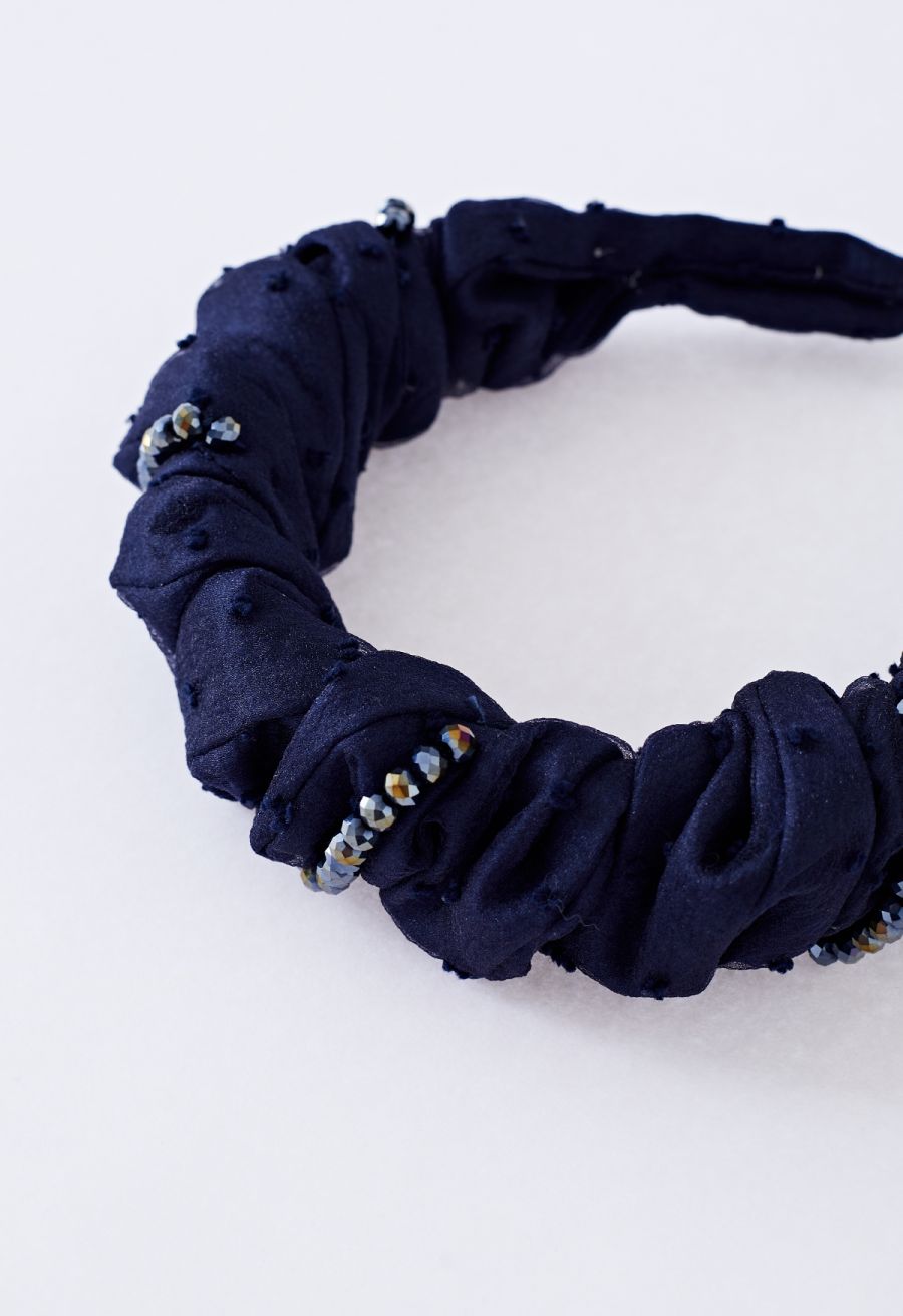 Ruched Organza Beaded Decor Headband in Navy