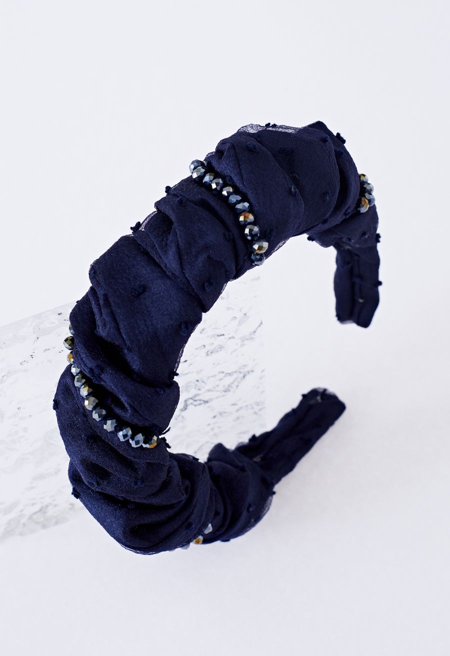 Ruched Organza Beaded Decor Headband in Navy