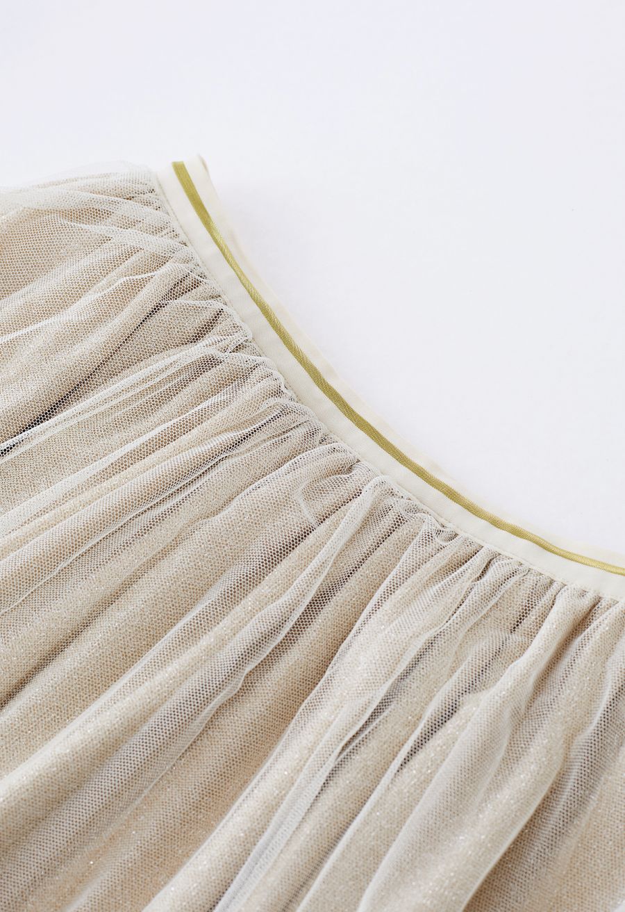 Glimmering Pleated Mesh Midi Skirt in Champagne