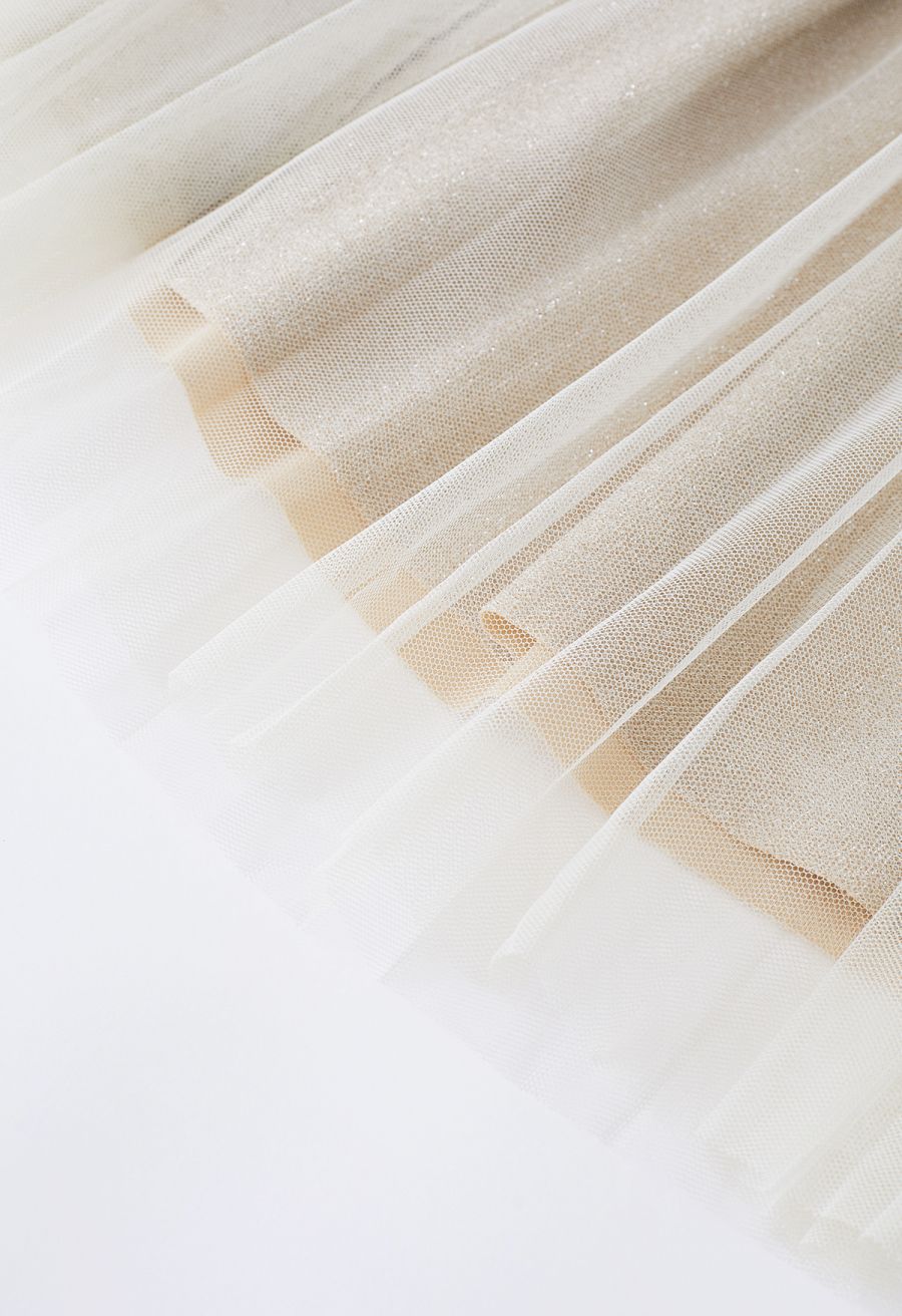 Glimmering Pleated Mesh Midi Skirt in Champagne