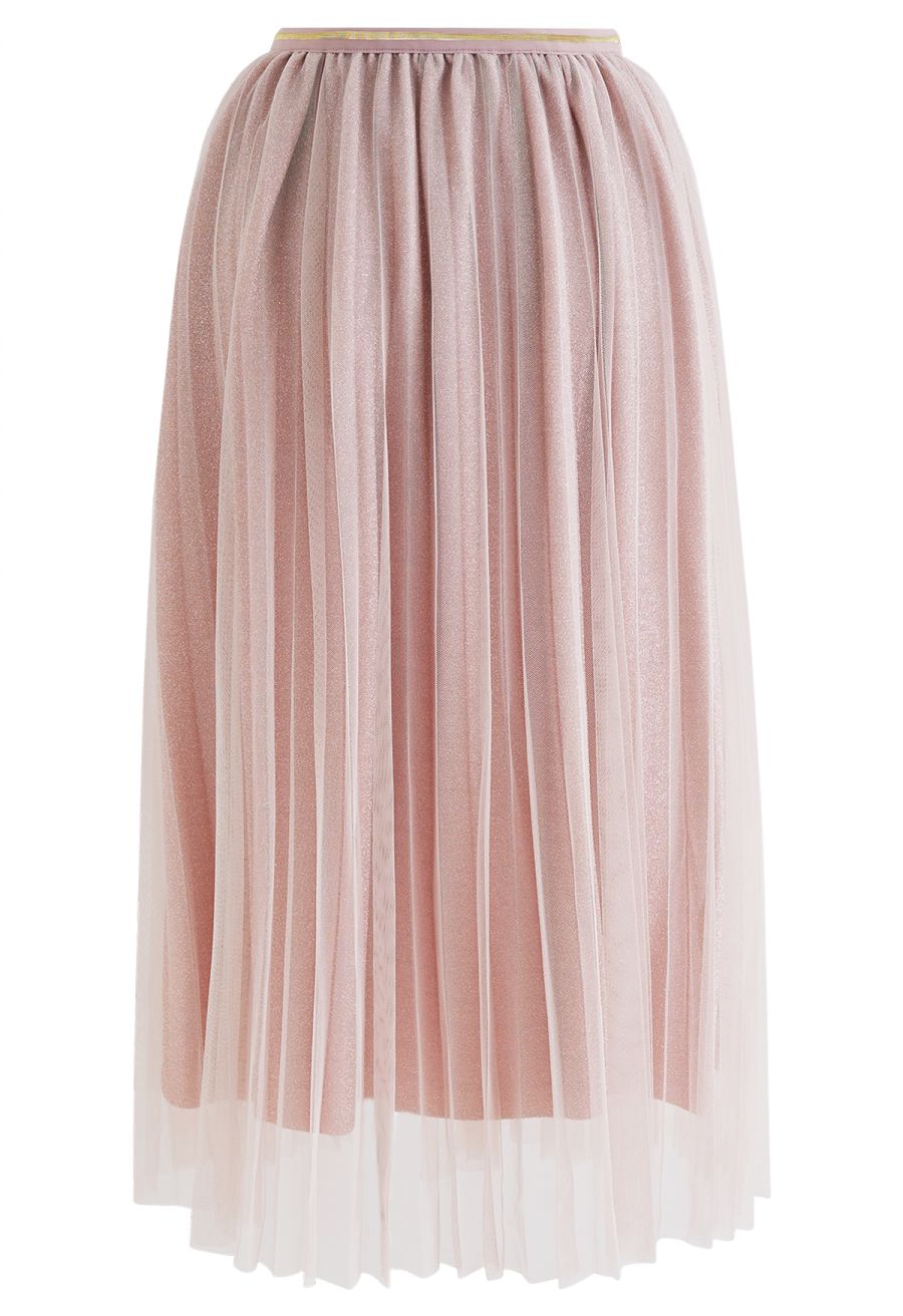 Glimmering Pleated Mesh Midi Skirt in Pink