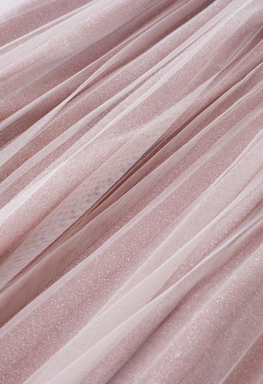 Glimmering Pleated Mesh Midi Skirt in Pink