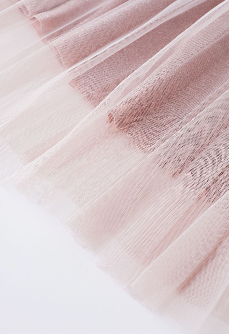 Glimmering Pleated Mesh Midi Skirt in Pink